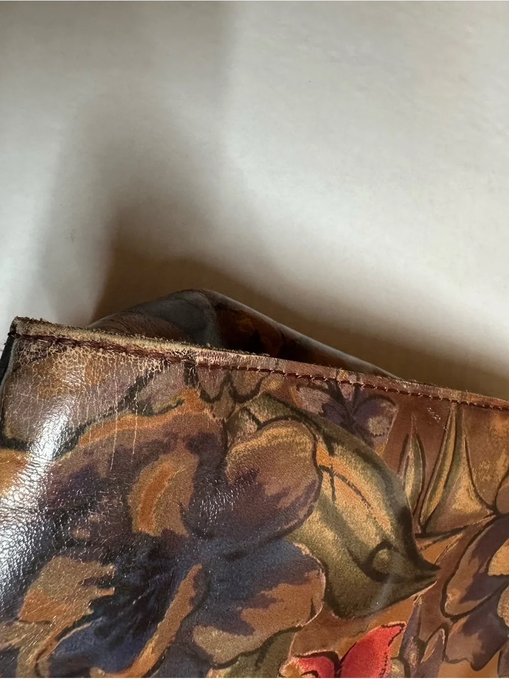 Patricia Nash Brown Hand-Painted Floral Shoulder Bag with Red Accents